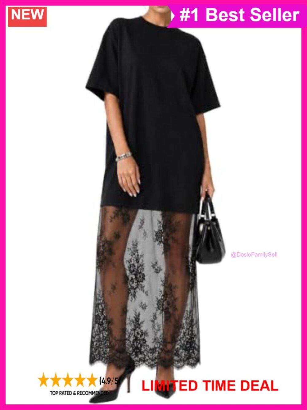 Oversized T Shirt Maxi Dress Lace Hem Patchwork Short Sleeve Casual